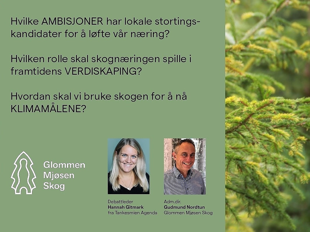 Debattleder er Hannah Gitmark, fagsjef ved tankesmien Agenda, akkompagnert av adm. dir. Gudmund Nordtun i Glommen Mjøsen Skog.